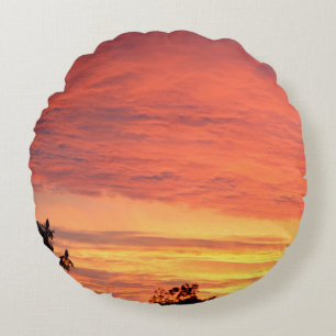 Bright Orange Glowing Cloudy Sunset, Round Cushion
