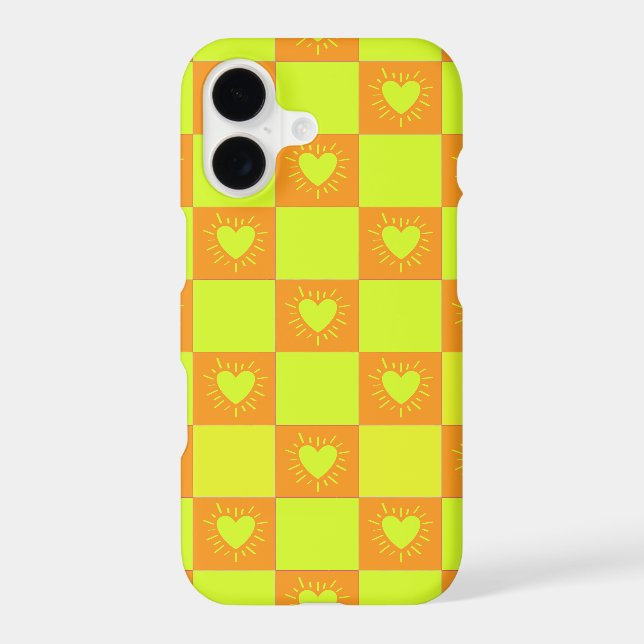 Bright Orange Green Chequered Tile With Hearts (Back)