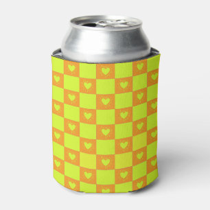 Bright Orange Green Chequered Tile With Hearts Can Cooler