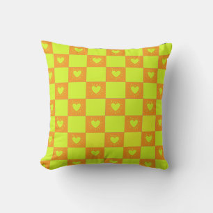 Bright Orange Green Chequered Tile With Hearts Cushion