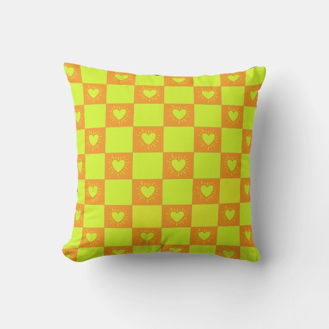 Bright Orange Green Chequered Tile With Hearts Cushion (Front)
