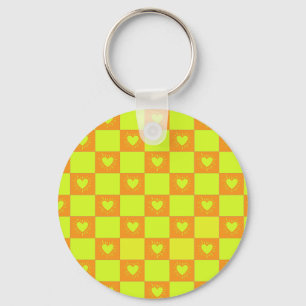 Bright Orange Green Chequered Tile With Hearts Key Ring
