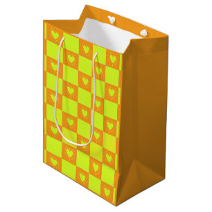 Bright Orange Green Chequered Tile With Hearts Medium Gift Bag