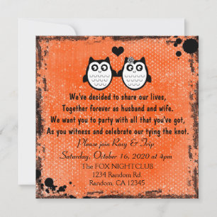 Bright orange grunge owl punk wedding invitations