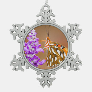 Bright Orange Gulf Fritillary Butterfly Snowflake Pewter Christmas Ornament