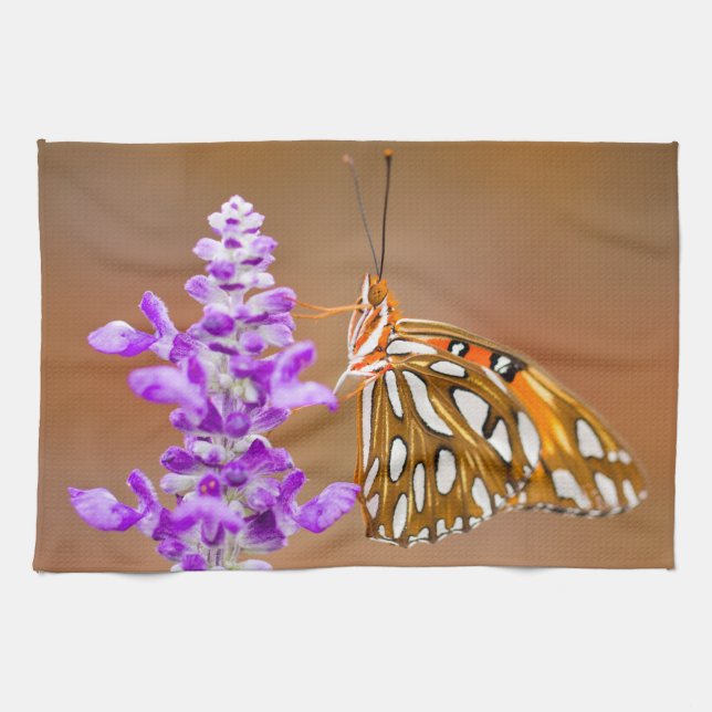 Bright Orange Gulf Fritillary Butterfly Tea Towel (Horizontal)