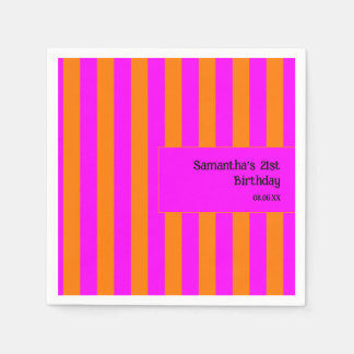 Bright Orange Hot Pink Stripe 21st Birthday Napkin