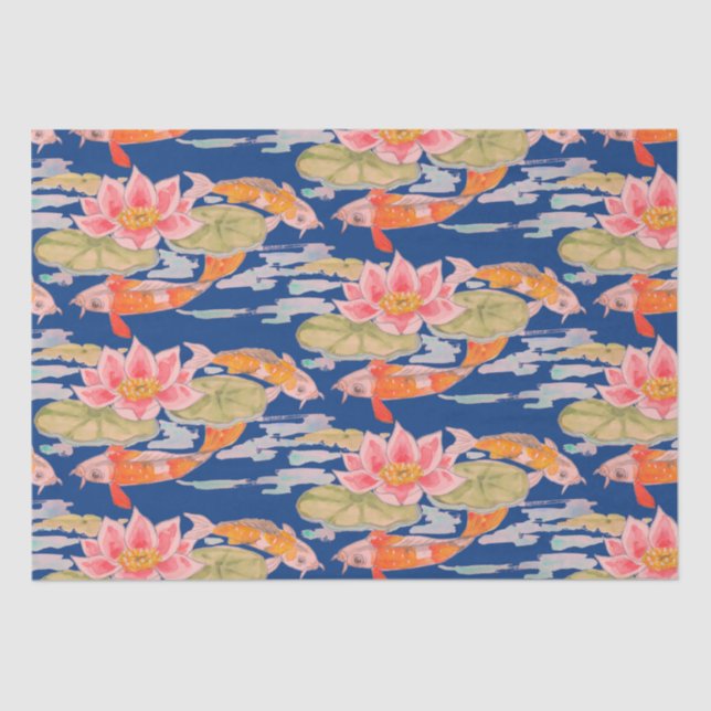 Bright Orange Koi Fish Pink Flower Dark Blue  Wrap Tissue Paper (Front)