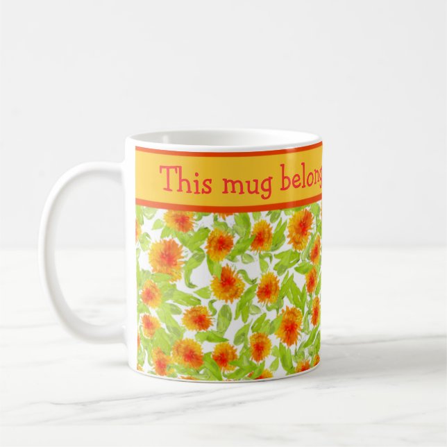 Bright Orange Marigolds Foral Pattern on White Coffee Mug (Left)
