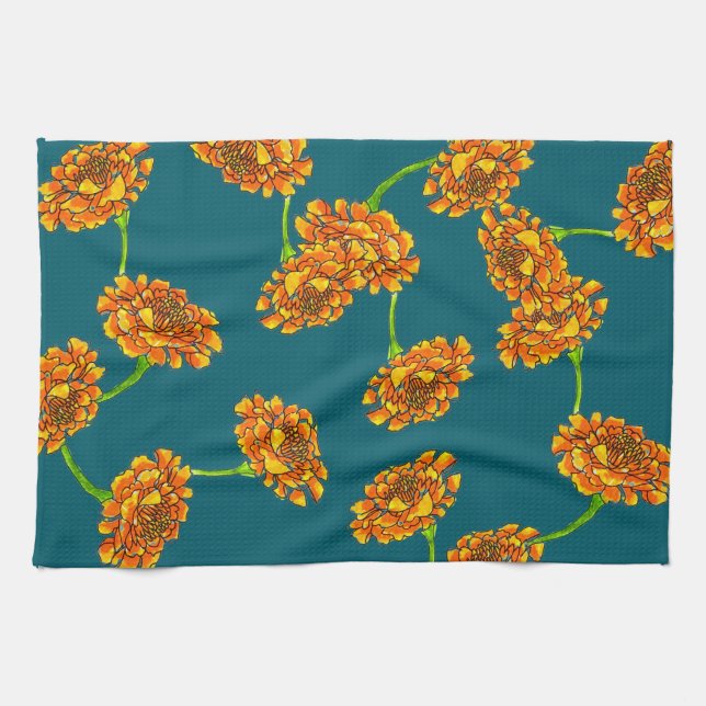 Bright Orange Marigolds on Teal Kitchen Towel (Horizontal)