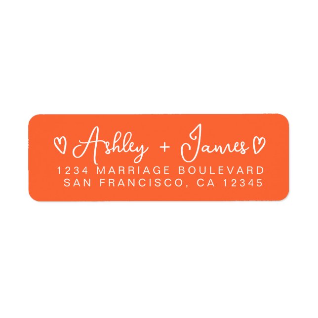 Bright Orange Modern Script Hearts Return Address (Front)