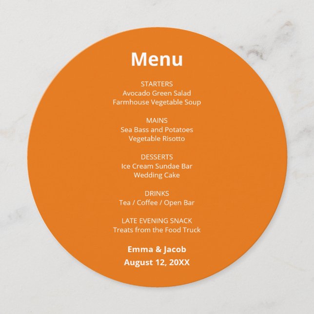 Bright Orange Modern Wedding Round Menu (Front)