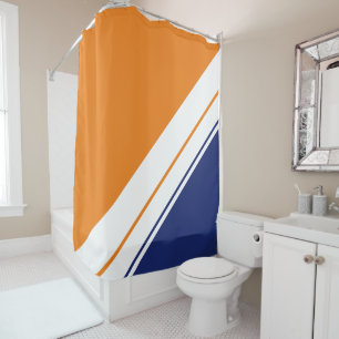 Bright Orange Navy Blue White Slant Racing Stripes Shower Curtain