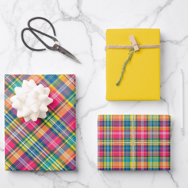 Bright Orange, Pink, Blue, Yellow & Green Plaid Wrapping Paper Sheet (Front)