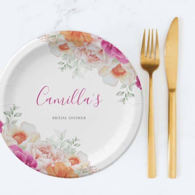 Bright Orange & Pink Watercolor Floral Paper Plate (Creator Uploaded)