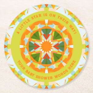 Bright Orange Playful Green Fun Star Baby Shower Round Paper Coaster