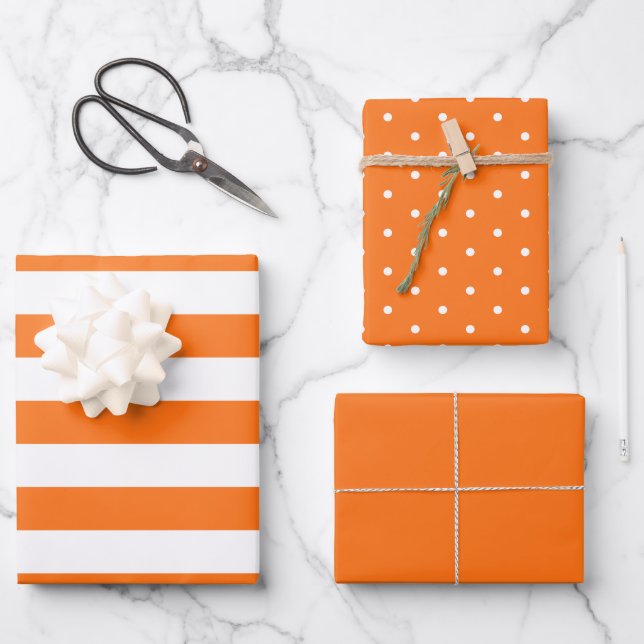 Bright Orange Polka Dot Wide Striped and Solid Wrapping Paper Sheet (Front)