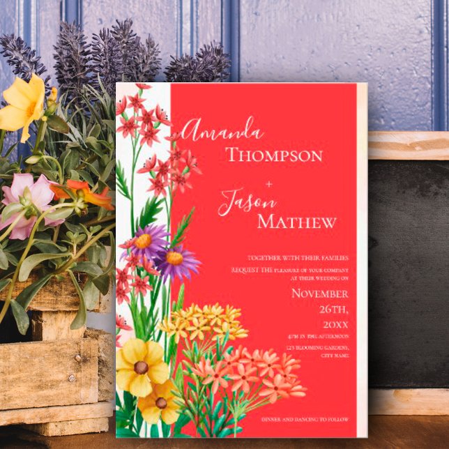 Bright Orange Purple Yellow Wildflowers  Wedding  Invitation Postcard (Bright Orange Purple Yellow Wildflowers Wedding Invitation Postcard)