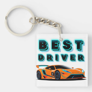 Bright Orange Race Car with Neon Highlights Key Ring