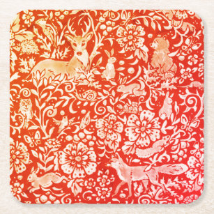 Bright Orange Red Fall Autumn Animal Forest Deer Square Paper Coaster