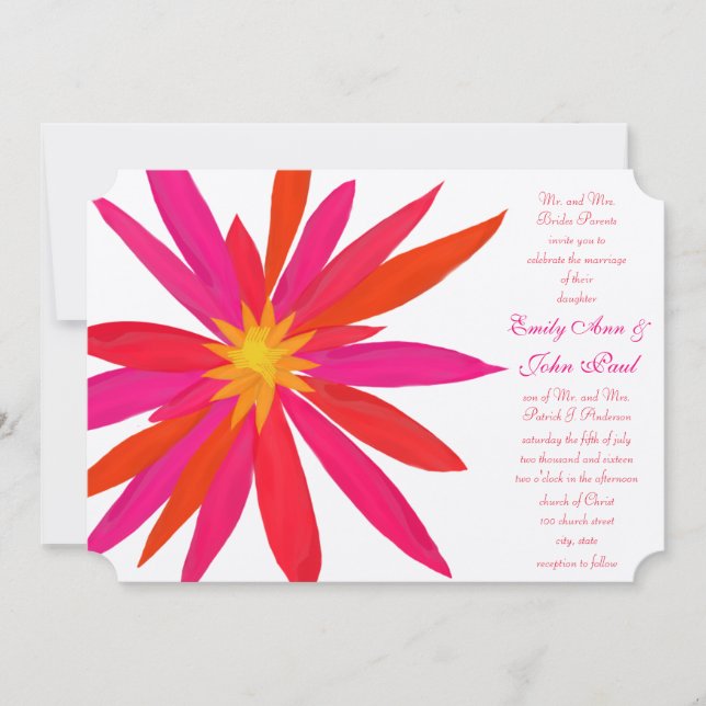 Bright Orange Red Yellow Modern Floral Wedding Invitation (Front)