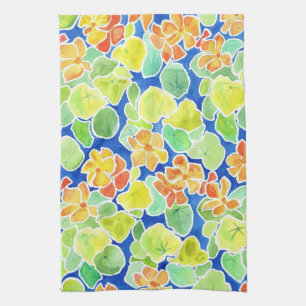 Bright Orange, Red, Yellow Nasturtiums on Blue Tea Towel