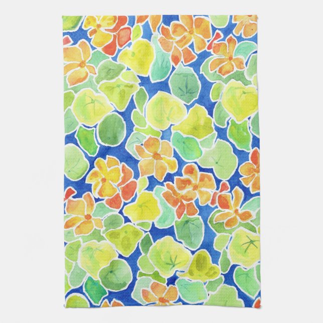 Bright Orange, Red, Yellow Nasturtiums on Blue Tea Towel (Vertical)