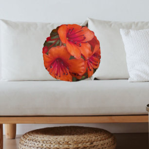 Bright Orange Rhododendron Blooms Floral Round Cushion