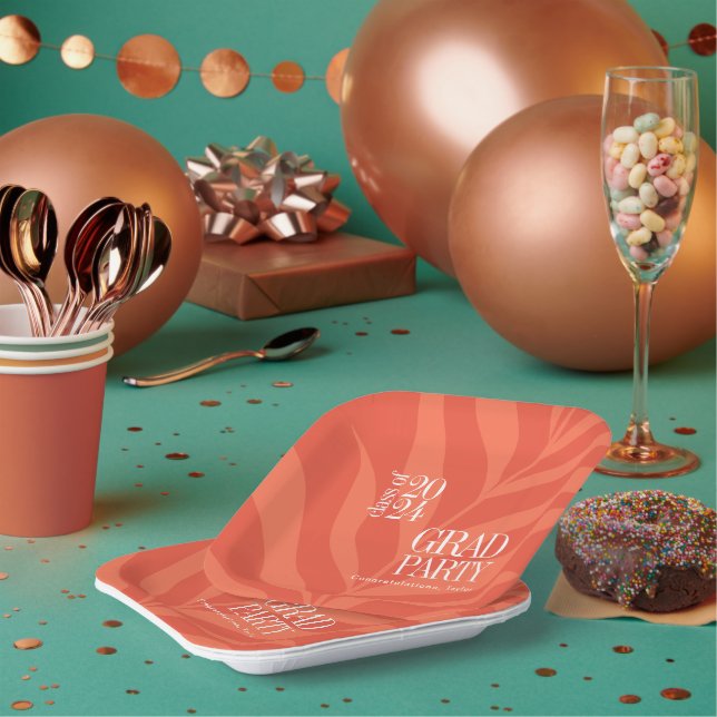 Bright Orange Simple Grad Party with Name Paper Plate (Multi)