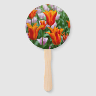 Bright orange tulips in the park hand fan