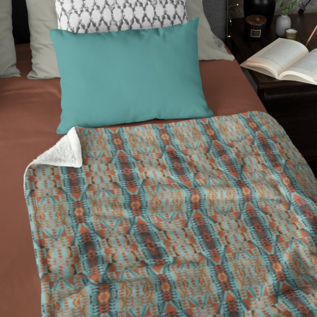 Bright Orange Turquoise Teal Blue Tribal Art Motif Fleece Blanket (Creator Uploaded)