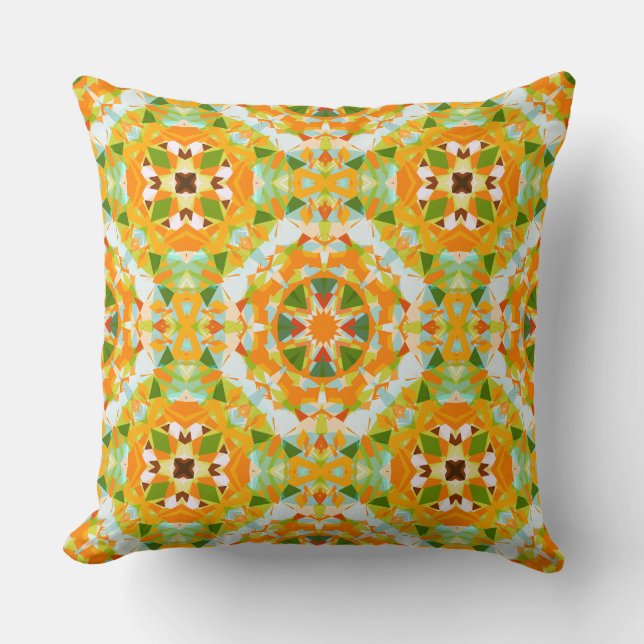 Bright Orange Vibrant Green Star Boho Maximalist Cushion (Front)