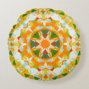 Bright Orange Vibrant Green Star Boho Maximalist Round Cushion