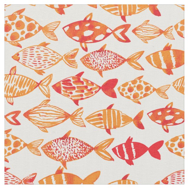 Bright Orange Watercolor Fish Pattern 2 Fabric (Close Up)