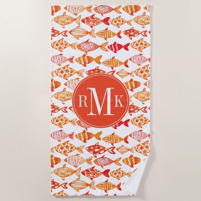 Bright Orange Watercolor Fish Pattern Beach Towel (Front)