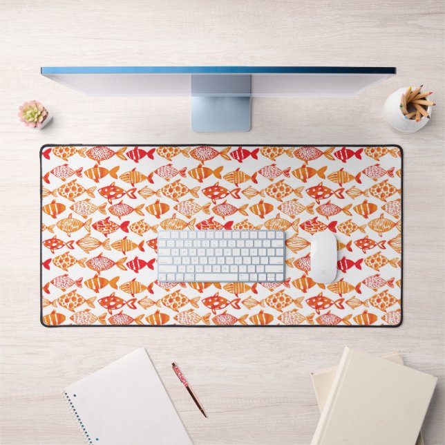 Bright Orange Watercolor Fish Pattern Desk Mat (Office 1)