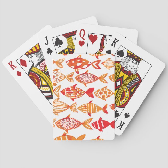 Bright Orange Watercolor Fish Pattern Playing Cards (Back)
