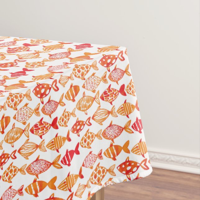 Bright Orange Watercolor Fish Pattern Tablecloth (In Situ)