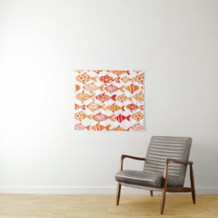 Bright Orange Watercolor Fish Pattern Tapestry