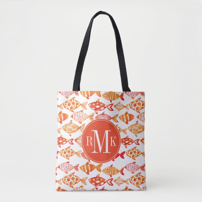 Bright Orange Watercolor Fish Pattern Tote Bag (Front)