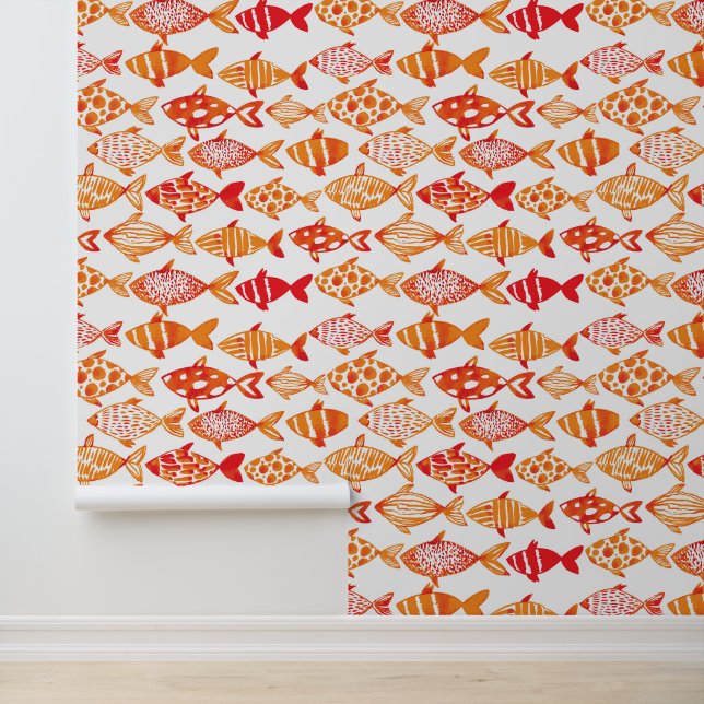 Bright Orange Watercolor Fish Pattern Wallpaper (Application)