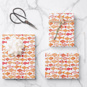 Bright Orange Watercolor Fish Pattern Wrapping Paper Sheet