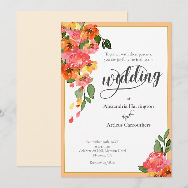 Bright Orange Watercolor Floral Invitation (Front/Back)