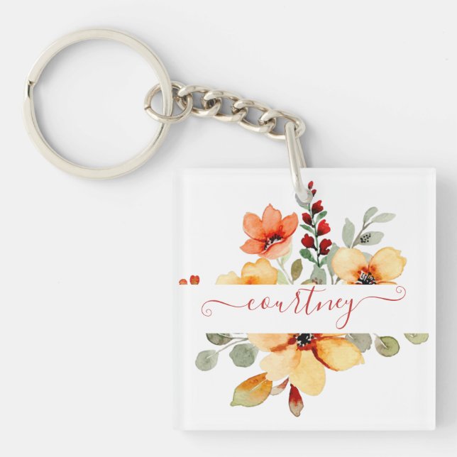 Bright orange watercolor floral personalised   key ring (Front)