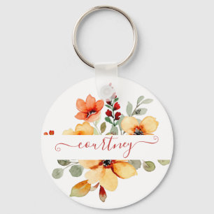 Bright orange watercolor floral personalised key ring