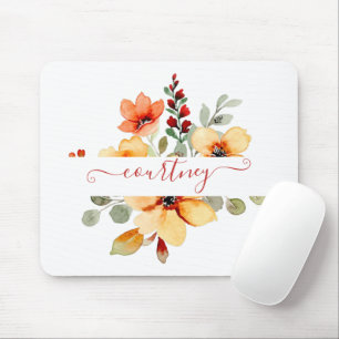 Bright orange watercolor floral personalised mouse mat
