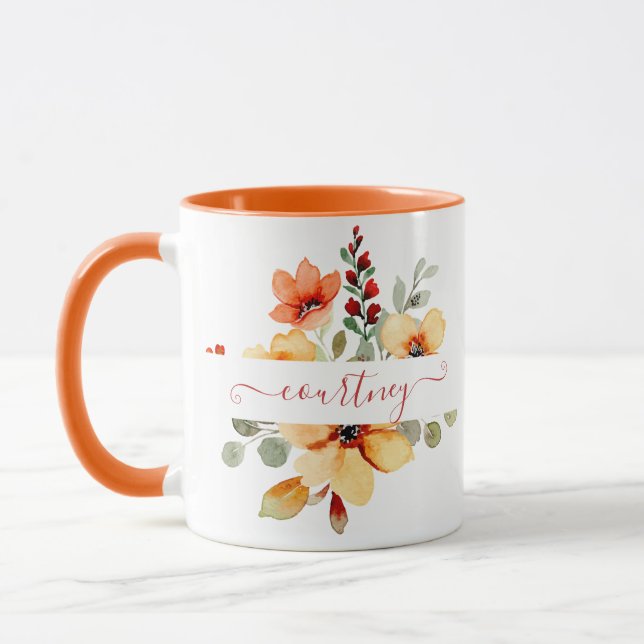 Bright orange watercolor floral personalised mug (Left)