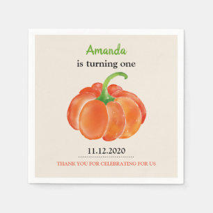 Bright Orange Watercolor Pumpkin First Birthday Napkin