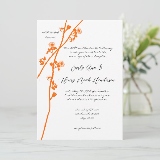 Bright Orange Wild Flower Branch Wedding Invitation (Standing Front)
