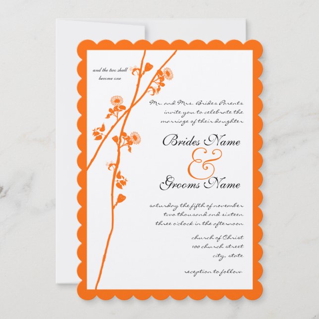 Bright Orange Wild Flower Branch Wedding Invitation (Front)